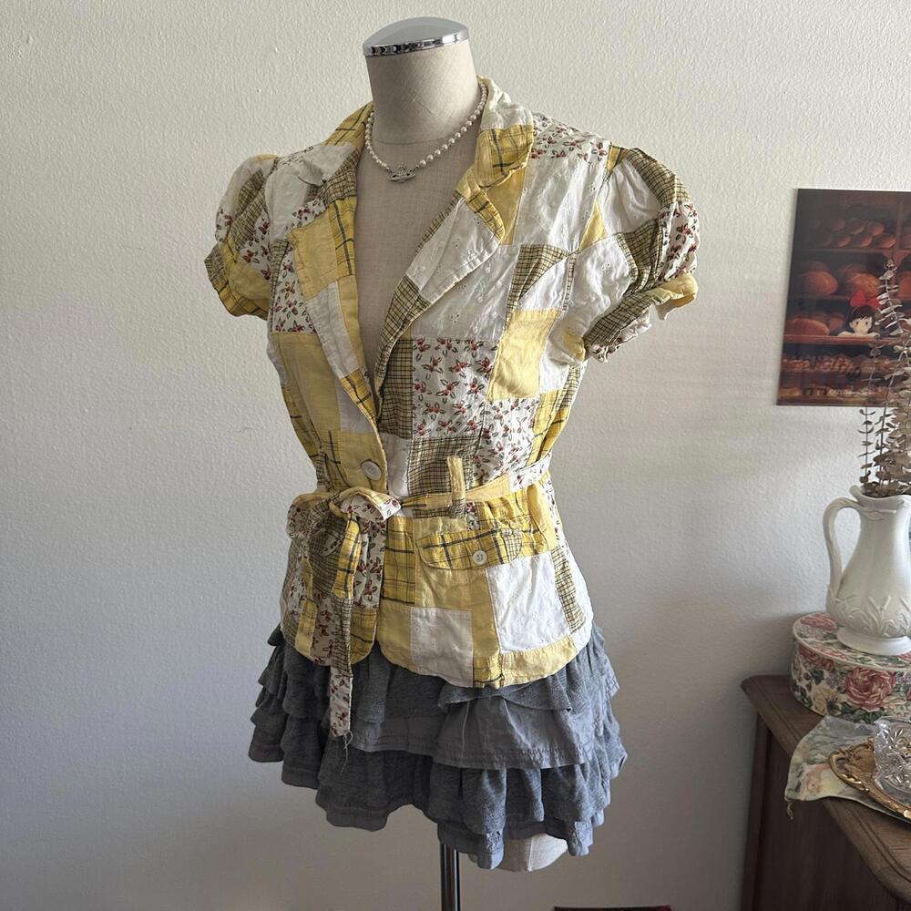 Yellow Patchwork Cap Sleeve Button Blouse - image 3